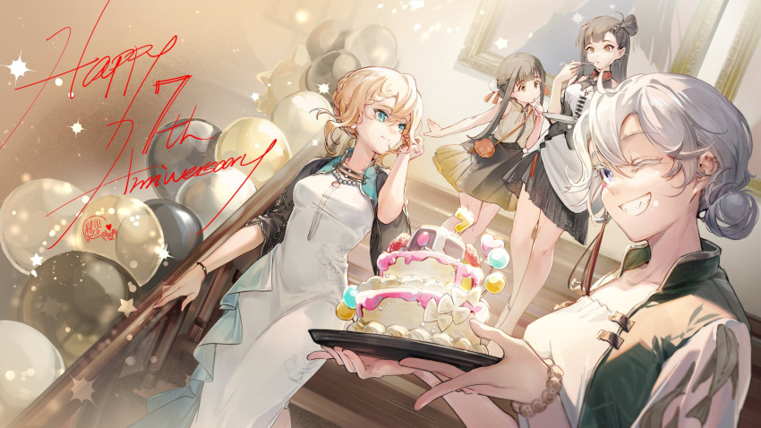 4girls alternate_costume anniversary balloon black_hair blonde_hair blue_eyes bracelet cake chopsticks dinergate_(girls'_frontline) dress earrings food g36_(girls'_frontline) girls'_frontline grey_hair grin hair_bun happy_anniversary highres holding holding_plate imoko_(imonatsuki) jacket jewelry long_hair multiple_girls one_eye_closed plate purple_eyes qbu-88_(girls'_frontline) qbz-191_(girls'_frontline) sharp_teeth short_hair skirt sl8_(girls'_frontline) smile stairs teeth white_dress