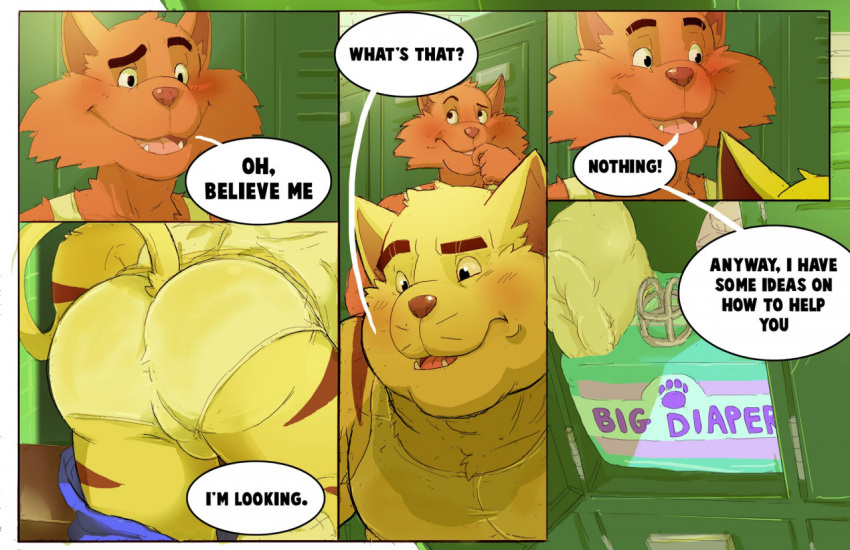 2021 anthro big_butt blush briefs bulge butt chance_furlong chastity_cage chastity_device clothing comic daire301 detailed diaper digital_drawing_(artwork) digital_media_(artwork) domestic_cat duo embarrassed english_text eyebrows felid feline felis flustered hanna-barbera jake_clawson locker male mammal muscular muscular_male shirt swat_kats tank_top text tighty_whities topwear underwear white_briefs white_clothing white_underwear