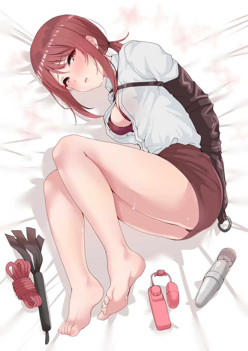 1girl absurdres arms_behind_back bare_legs barefoot bdsm bed_sheet blush bondage bound bound_arms bra breasts egg_vibrator highres hitachi_magic_wand idolmaster idolmaster_cinderella_girls legs_folded looking_at_viewer lying medium_breasts mifune_miyu murabito_c on_side ponytail red_bra red_hair red_skirt rope sex_toy shirt sidelocks skirt soles solo toes underwear vibrator whip white_shirt