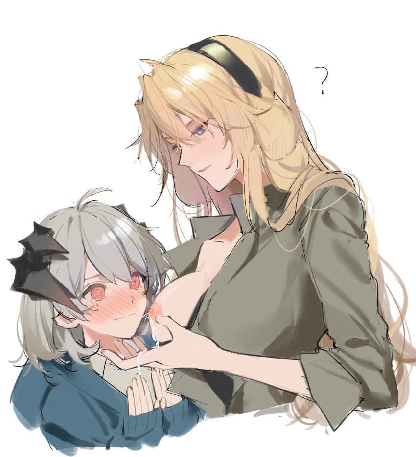 2girls ? @_@ age_difference aged_down ahoge animal_ears arknights black_hairband blonde_hair blue_eyes blue_hoodie blush breasts brown_shirt censored character_censor closed_mouth collared_shirt commentary cropped_torso dog_ears dog_girl dress_shirt grey_hair hairband hands_up height_difference highres hood hoodie horns joshua_(shisanli934) kristen_(arknights) lactation large_breasts long_hair long_sleeves looking_at_another looking_down medium_hair motherly multiple_girls novelty_censor one_breast_out open_clothes open_shirt red_eyes rejection saria_(arknights) shirt simple_background sleeves_past_wrists tearing_up upper_body white_background yuri