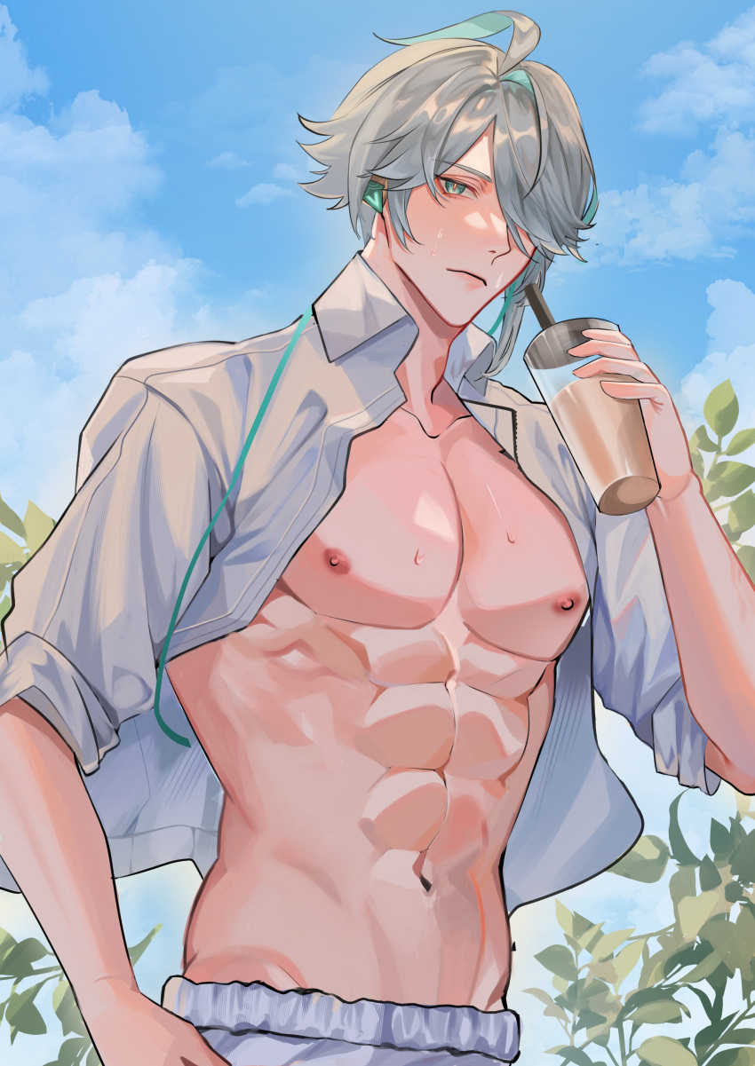 1boy abs absurdres ahoge alhaitham_(genshin_impact) blue_sky blush branch cable closed_mouth cloud collarbone collared_shirt commentary cup day disposable_cup drinking_straw english_commentary expressionless genshin_impact green_eyes grey_hair hair_over_one_eye hand_up highres holding holding_cup leaf looking_at_viewer male_focus moontea_bunny navel nipples one_eye_covered open_clothes open_shirt outdoors parted_bangs pectorals shirt short_hair sidelocks sky sleeves_rolled_up solo standing stomach sweat swept_bangs white_shirt wing_collar