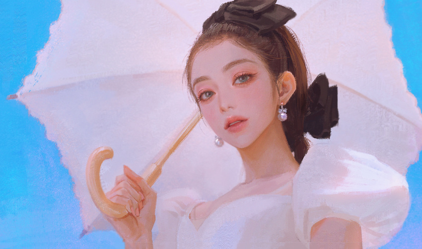 1girl black_hair day dress earrings eyeshadow highres holding holding_umbrella irene_(red_velvet) jewelry k-pop lipstick long_hair looking_at_viewer makeup outdoors parted_lips real_life red_velvet_(group) sky solo umbrella upper_body white_dress zero_q_0q