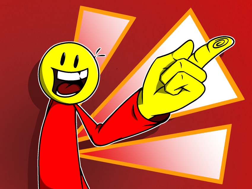 abstract_background blockhead_(character) blockhead_(series) clothing gesture grin hi_res human male mammal newgrounds perspective_shot pointing r3znor_x red_clothing red_shirt red_topwear rim_light shirt smile solo toony topwear yellow_body yellow_skin