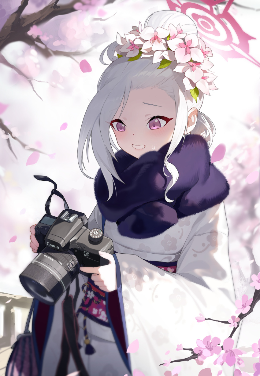 1girl absurdres blue_archive blush camera canon_(company) cherry_blossoms commentary flower fur-trimmed_kimono fur_trim grey_hair grin hair_flower hair_ornament halo highres holding holding_camera japanese_clothes kimono kongtoulaotou long_hair long_sleeves mutsuki_(blue_archive) obi official_alternate_costume pink_flower pink_halo purple_eyes sash smile solo symbol-only_commentary upper_body white_kimono wide_sleeves