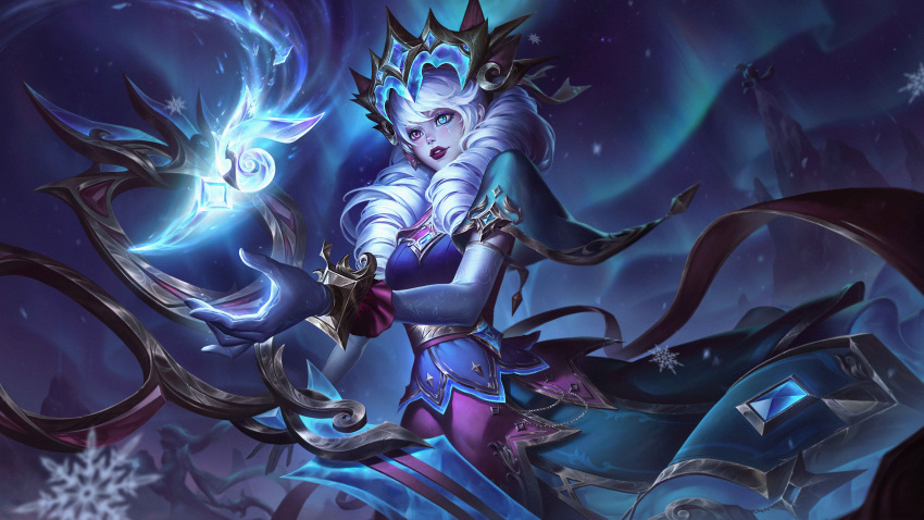 1girl absurdres alternate_costume amekoi breasts colored_skin drill_hair elbow_gloves gem gloves green_eyes grey_gloves grey_skin gwen_(league_of_legends) heterochromia highres holding holding_scissors large_breasts league_of_legends outdoors oversized_object pink_eyes red_lips scissors short_sleeves skirt smile snowflakes solo_focus teeth twin_drills twintails warwick white_hair