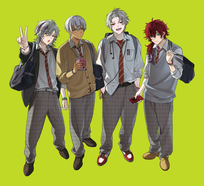 4boys bag belt black_hair breast_pocket brown_footwear collared_shirt colored_tips dark_skin diagonal-striped_necktie earphones fangs full_body fuwa_minato gradient_hair green_background green_eyes hair_ornament hair_over_one_eye hairpin hands_in_pockets highres holding holding_phone ibrahim_(nijisanji) kuzuha_(nijisanji) lauren_iroas loafers male_focus milk_carton multicolored_hair multiple_boys nijisanji pants pen_in_pocket phone pocket pointy_ears purple_eyes purple_hair red_eyes red_hair school_bag school_uniform shirt shirt_partially_tucked_in shirt_tucked_in shoes short_hair simple_background sneakers standing streaked_hair sweater sweater_vest v virtual_youtuber white_hair white_shirt zmzm_hiji