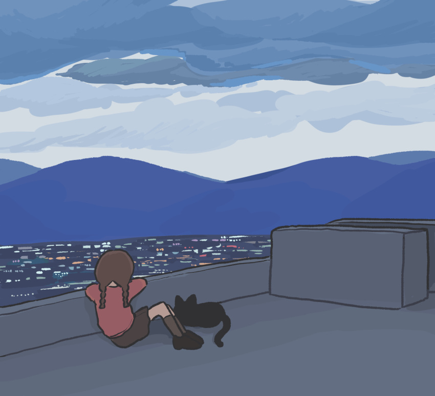 1girl arm_rest black_cat black_footwear braid brown_hair brown_skirt cat city_lights cloud cloudy_sky day from_behind fucca grey_socks highres kneehighs knees_up long_hair low_twin_braids madotsuki mountainous_horizon outdoors rooftop shoes sitting skirt sky socks solo twin_braids wide_shot yume_nikki