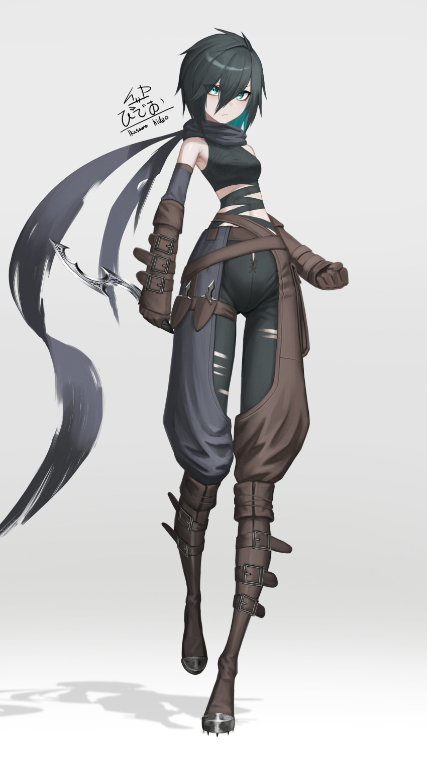 1girl absurdres aqua_eyes aqua_hair belt black_hair boots breasts chaps cleats colored_inner_hair elbow_gloves fantasy full_body gloves gradient_background grey_background highres holding holding_knife holding_weapon ikasamahideo khopesh knife leather leather_boots leather_gloves looking_at_viewer multicolored_hair original reverse_grip scarf shadow short_hair small_breasts steel-toe_boots torn_scarf tsurime two-tone_hair weapon white_background