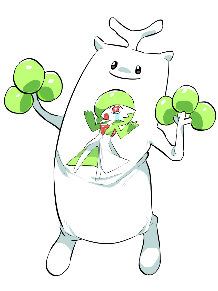 absurdres alternate_color alternate_shiny_pokemon black_eyes character_print closed_mouth commentary ddingyong english_commentary full_body gardevoir hands_up happy highres no_humans pokemon pokemon_(creature) simple_background smile standing sudowoodo what white_background