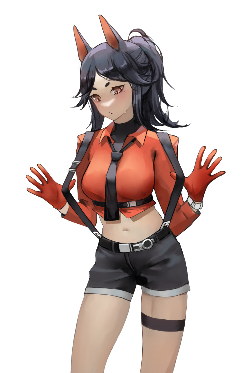 1girl absurdres animal_ears arknights belt black_hair blush breasts brown_eyes cosplay dobermann_(arknights) dog_ears gloves highres mole mole_under_eye navel necktie red_gloves sama_(sama24654684) shorts simple_background solo suspenders sweat texas_(arknights) texas_(arknights)_(cosplay) texas_(willpower)_(arknights) white_background