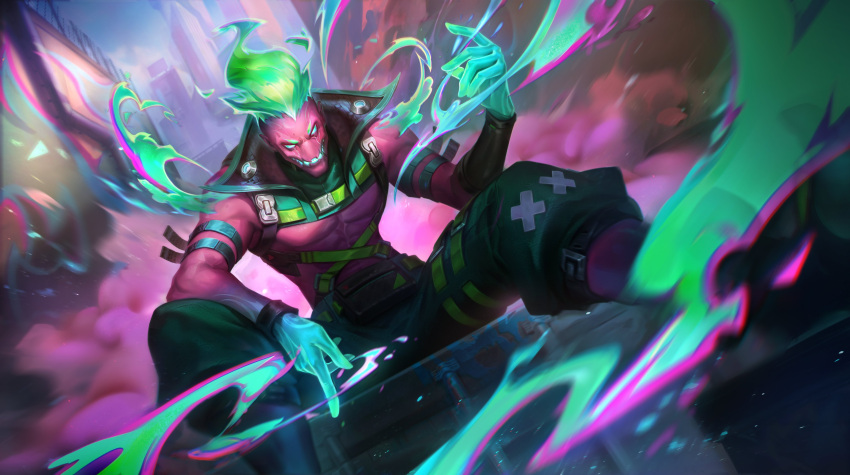 1boy abs absurdres brand_(league_of_legends) building city cityscape colored_skin fire flame glowing glowing_eyes glowing_hands glowing_mouth graffiti green_eyes green_hair green_pants highres league_of_legends male_focus muscular muscular_male official_alternate_costume official_alternate_hairstyle official_art open_mouth outdoors pants pink_skin sitting solo street_demon_brand