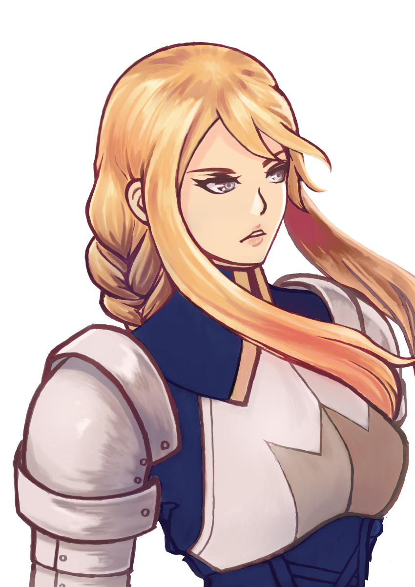 1girl absurdres agrias_oaks agu_(agrias777) armor blonde_hair braid breastplate breasts final_fantasy final_fantasy_tactics grey_eyes highres lips nose shoulder_armor simple_background solo upper_body white_background