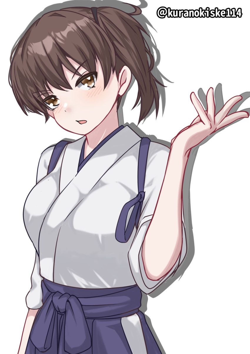 1girl blue_hakama breasts brown_eyes brown_hair hakama highres japanese_clothes kaga_(kancolle) kantai_collection kurano_kisuke long_hair medium_breasts side_ponytail simple_background solo tasuki twitter_username white_background