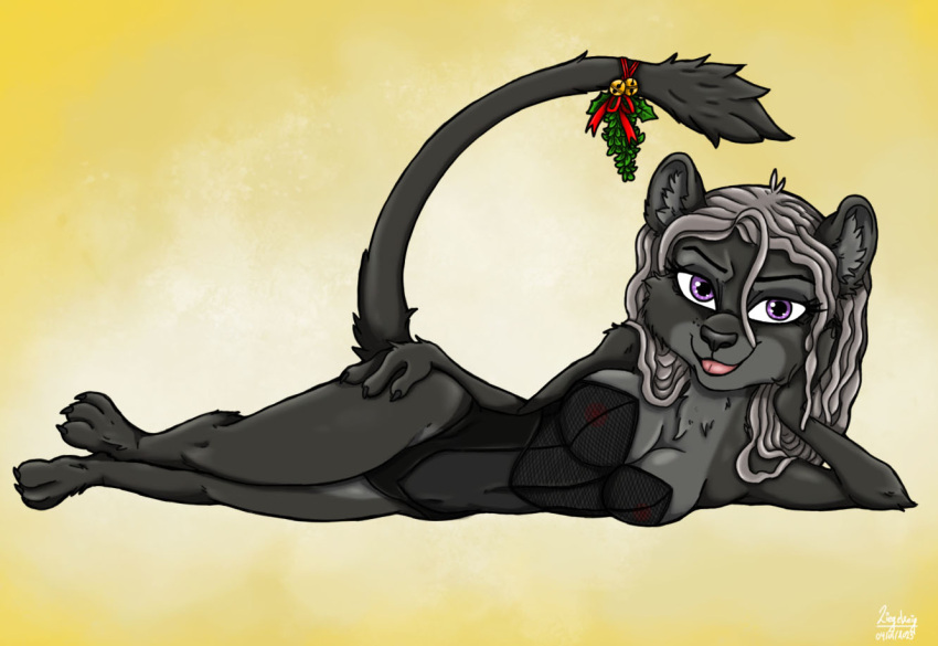 anthro bad_guy_cafe black_body black_fur breasts cathleen_velvetpaw christmas clothing felid female fur grey_body grey_fur grey_hair hair holidays lingerie lying mammal mistletoe pantherine plant purple_eyes solo ziegelzeig