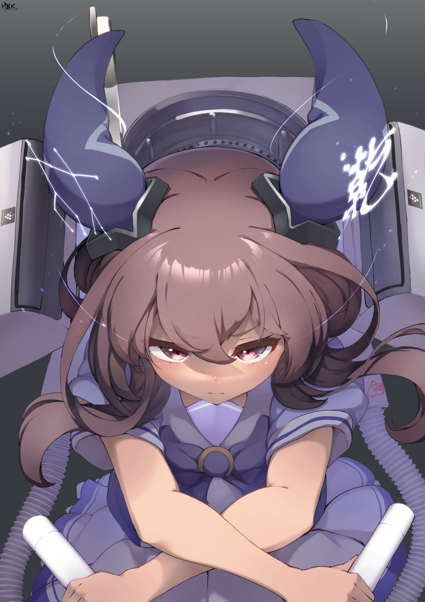 1girl absurdres admire_vega_(umamusume) animal_ears bow bowtie brown_eyes brown_hair clothes_dryer commentary_request constellation crossed_arms dual_wielding ear_covers ear_ornament eye_trail futon_drying_machine gemini_(constellation) hair_between_eyes hibiki_(zerocodo) highres holding horse_ears horse_girl iris_ohyama kanji_focus light_particles light_trail long_hair puffy_short_sleeves puffy_sleeves purple_bow purple_bowtie school_uniform short_sleeves sidelocks signature solo speech_bubble tracen_school_uniform translated umamusume