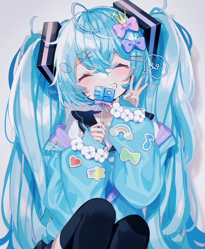 1girl 39 aqua_hair black_thighhighs blue_jacket bow candy closed_eyes facing_viewer food fuinagi_(huyuu_mm) hair_bow hatsune_miku highres holding holding_candy holding_food holding_lollipop jacket jacket_partially_removed lollipop long_sleeves miku_day pink_bow shirt smile solo teeth thighhighs twintails vocaloid white_shirt