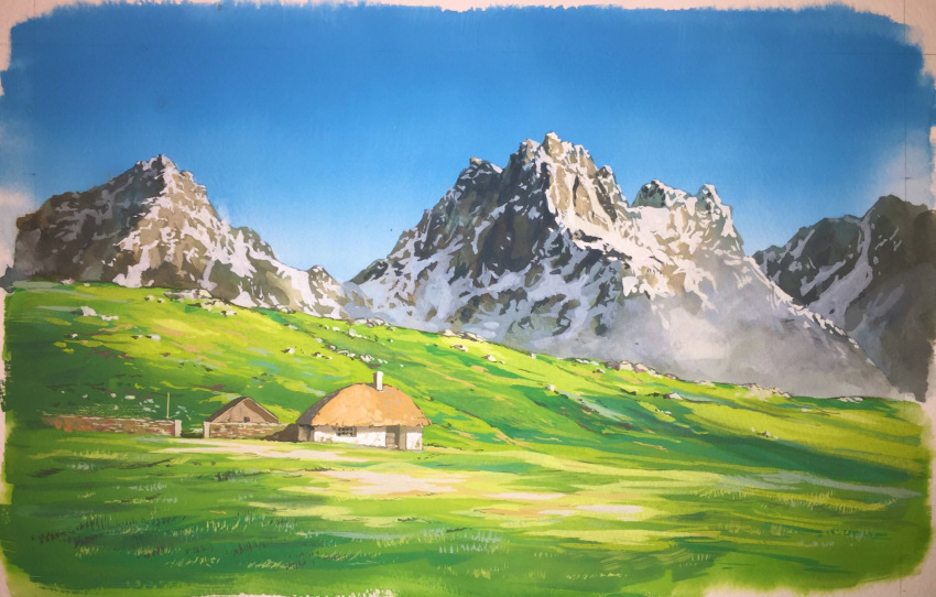 blue_sky building chochottochoina cloud cloudy_sky fence grass highres hill house mountain mountainous_horizon no_humans original painting_(medium) plateau sky snow thatched_roof traditional_media