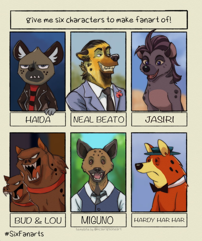 2020 absurd_res aggretsuko anthro beastars black_nose blacksad brown_body brown_fur bud_the_hyena_(dc) clothed clothing collar dc_comics disney english_text fangs female feral fur group haida_(aggretsuko) hanna-barbera hardy_har_har hat headgear headwear hi_res hyena jasiri_(the_lion_guard) lippy_the_lion_and_hardy_har_har lou_the_hyena_(dc) male mammal meme miguno_(beastars) multiple_images neal_beato open_mouth red_body red_fur sanrio six_fanarts_challenge smile spots spotted_body spotted_fur spotted_hyena tategaminu teeth text the_lion_guard the_lion_king