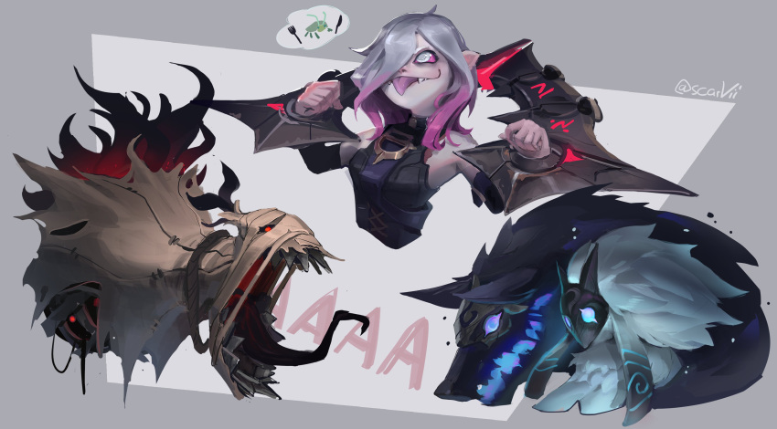 2girls absurdres bare_shoulders black_sclera briar_(league_of_legends) chained_wrists colored_sclera creature cropped_torso fangs fiddlesticks glowing glowing_eyes green_eyes grey_background grey_eyes grey_hair hands_up highres kindred_(league_of_legends) lamb_(league_of_legends) league_of_legends long_hair long_tongue mask medium_hair multiple_girls open_mouth pink_hair pink_sclera pointy_ears red_eyes scarvii sharp_teeth speech_bubble teeth tongue tongue_out upper_body white_background wolf_(league_of_legends)