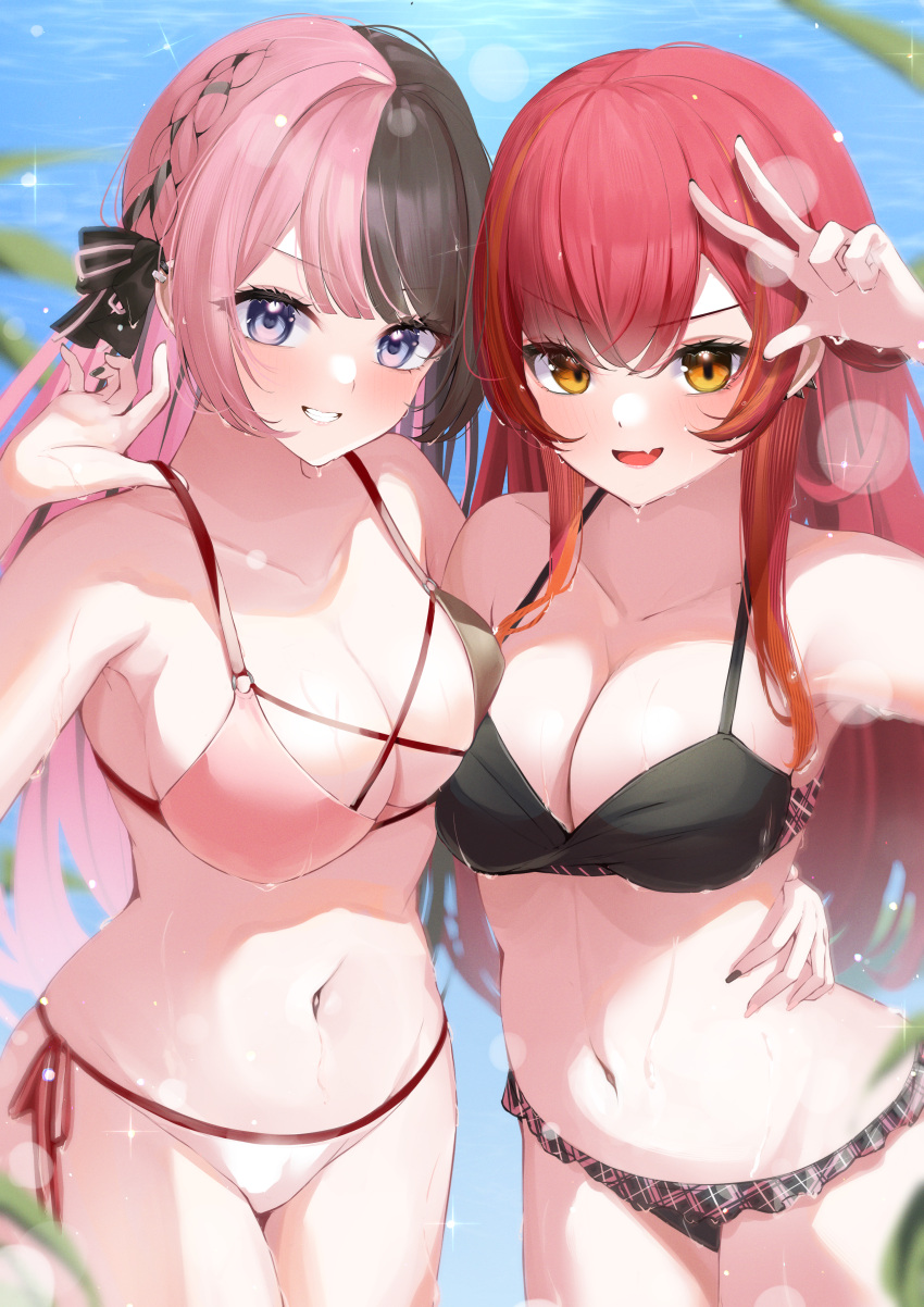 2girls absurdres bikini black_bikini black_bow black_nails blue_eyes blush bow braid breast_press breasts brown_bikini brown_hair cleavage collarbone cowboy_shot cross-laced_bikini cross-laced_clothes fang french_braid grin hair_bow halterneck hand_on_another's_hip highres horo_27 large_breasts lens_flare long_hair looking_at_viewer multicolored_bikini multicolored_clothes multicolored_hair multiple_girls navel nekota_tsuna o-ring o-ring_bikini o-ring_top open_mouth orange_eyes orange_hair pink_bikini pink_hair plaid plaid_bikini red_hair side-tie_bikini_bottom skin_fang smile sparkle split-color_hair stomach strap_lift streaked_hair string_bikini swept_bangs swimsuit tachibana_hinano_(vtuber) two-tone_hair v-shaped_eyebrows very_long_hair virtual_youtuber vspo! w water wet