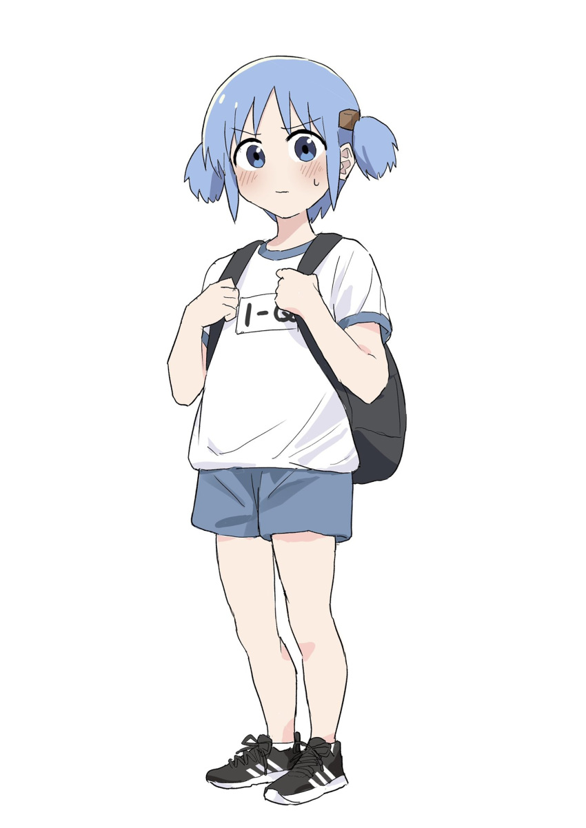 1girl annoyed backpack bag black_footwear blue_eyes blue_hair blue_shorts gym_uniform hair_ornament highres looking_at_viewer naganohara_mio nichijou ookiiayu shirt shoes shorts sneakers solo sweat white_background white_shirt