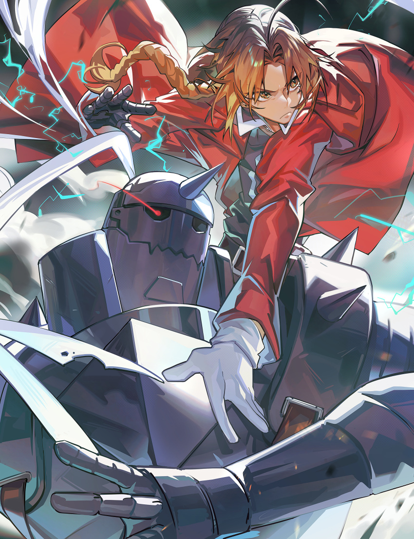 2boys absurdres alphonse_elric armor blonde_hair coat edward_elric fullmetal_alchemist gloves highres horns mato-c mechanical_arms multiple_boys orange_eyes red_coat single_horn single_mechanical_arm white_gloves