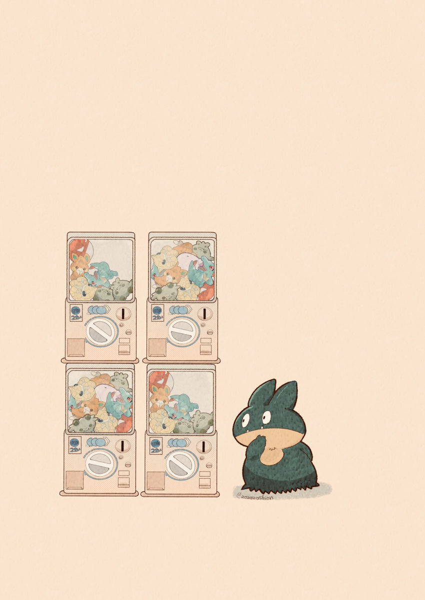 arm_behind_back artist_name brown_background chansey character_doll closed_mouth commentary_request fangs fangs_out gashapon hand_up highres munchlax no_humans pawmot pokemon pokemon_(creature) sandshrew shadow shroomish simple_background solo totodile twitter_username voltorb zozozoshion
