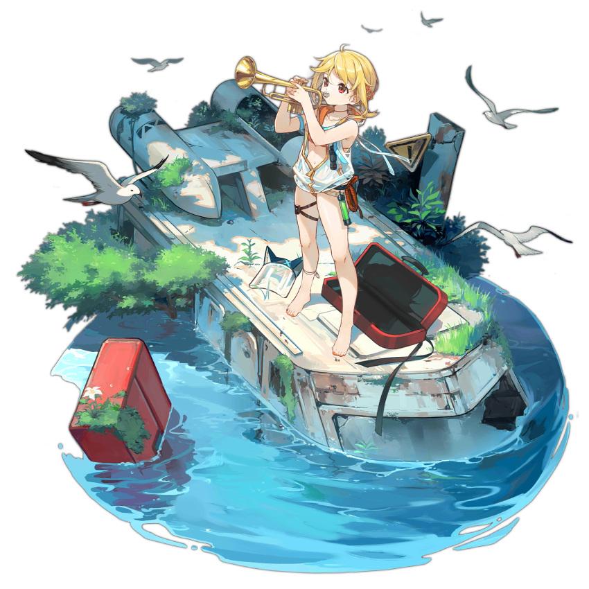 1girl ahoge ankle_ribbon armband barefoot bikini bird blonde_hair blue_armband broken_glass feet flower flower_request foliage full_body girls'_frontline glass grass highres holding_trumpet instrument instrument_case kinoshita_neko leg_ribbon mask music nagant_revolver_(girls'_frontline) nagant_revolver_(trumpeter_of_the_azure_waves)_(girls'_frontline) nature navel neck_ribbon object_request official_alternate_costume official_art orange_bikini orange_nails partially_immersed partially_unzipped playing_instrument red_eyes ribbon rope scope seagull see-through_mask see-through_vest shadow short_hair_with_long_locks sign simple_background solo standing swimsuit thigh_strap third-party_source toenails toes transparent_background trumpet unworn_mask vehicle_request warning_sign water white_bird white_flower wreckage zipper