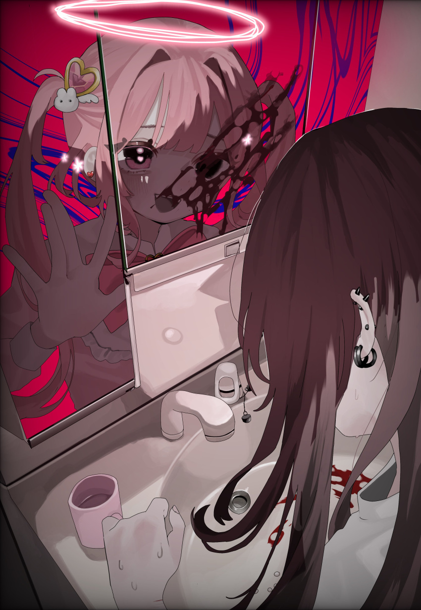 2girls absurdres black_eyes blood blood_on_mirror bow bowtie cup different_reflection ear_piercing earrings facing_away faucet hair_ornament halo hanataro_(sruvhqkehy1zied) hand_on_mirror heart heart-shaped_pupils heart_earrings heart_hair_ornament heterochromia highres indoors jewelry long_hair long_sleeves looking_at_another magical_girl mirror multiple_earrings multiple_girls open_hand open_mouth original piercing pink_bow pink_bowtie pink_eyes pink_hair pink_halo pink_shirt rabbit_hair_ornament reflection shirt sink smile sweat symbol-shaped_pupils twintails upper_body