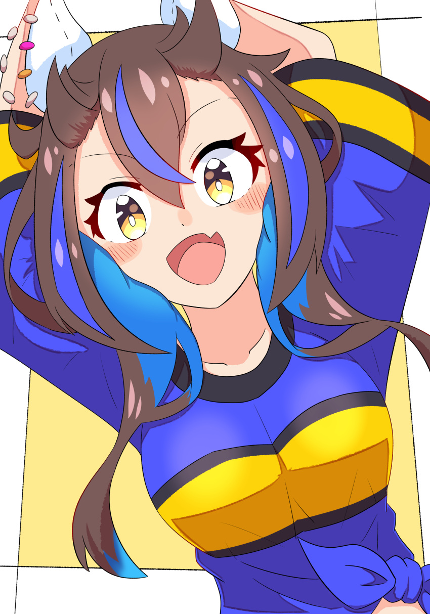 1girl absurdres akkunz animal_ears arms_up blue_hair blue_shirt blush breasts brown_hair colored_inner_hair commentary_request cropped_torso daitaku_helios_(umamusume) ear_covers ear_piercing facial_tattoo fang hair_between_eyes highres horse_ears horse_girl looking_at_viewer medium_breasts medium_hair multicolored_hair multicolored_shirt open_mouth piercing shirt short_sleeves side_ponytail simple_background skin_fang smile solo streaked_hair striped striped_shirt tattoo tied_shirt two-tone_background umamusume white_background yellow_background yellow_eyes yellow_shirt