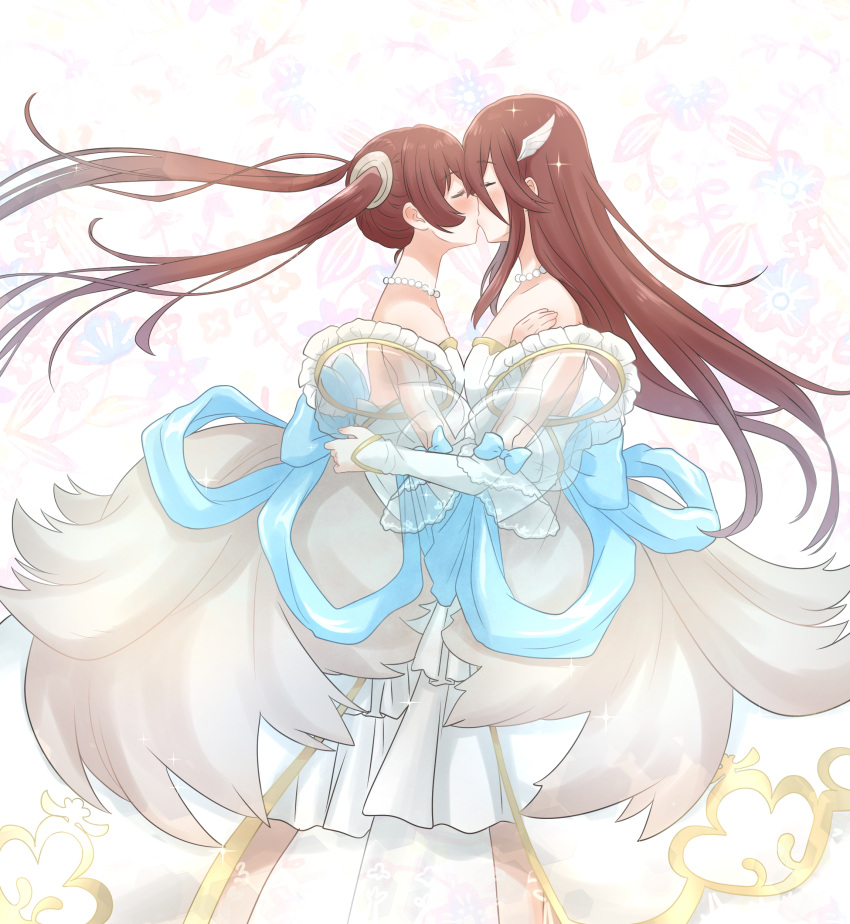 2girls absurdres blush bride bride_(fire_emblem) closed_eyes commission cordelia_(bridal)_(fire_emblem) cordelia_(bridal)_(fire_emblem)_(cosplay) cordelia_(fire_emblem) cosplay dress feather_hair_ornament feathers fire_emblem fire_emblem_awakening fire_emblem_heroes hair_ornament highres incest jewelry kiss kurosawa_karura long_hair mother_and_daughter multiple_girls necklace official_alternate_costume pearl_necklace red_hair severa_(fire_emblem) skeb_commission twintails wedding_dress white_dress wife_and_wife yuri