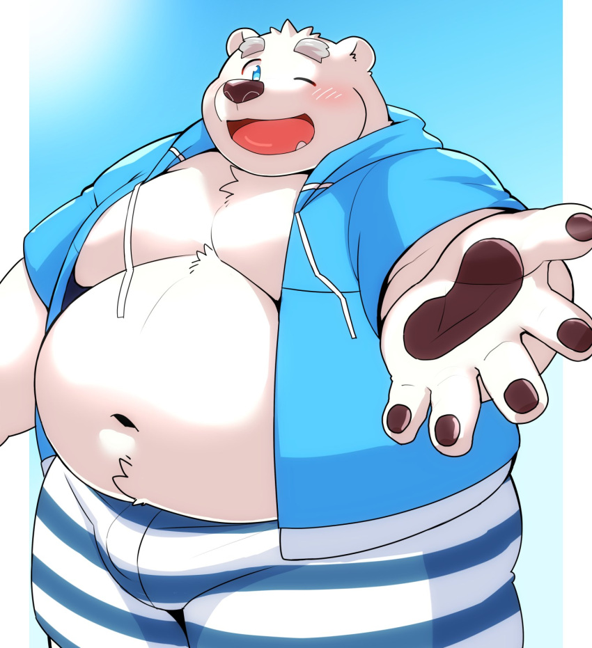 12beat13 2023 anthro bear belly big_belly black_nose blue_eyes blush bottomwear bulge clothed clothing hi_res hoodie humanoid_hands kemono male mammal moobs navel one_eye_closed open_clothing open_hoodie open_topwear overweight overweight_male polar_bear shirane_kan shorts simple_background solo topwear ursine utau wink