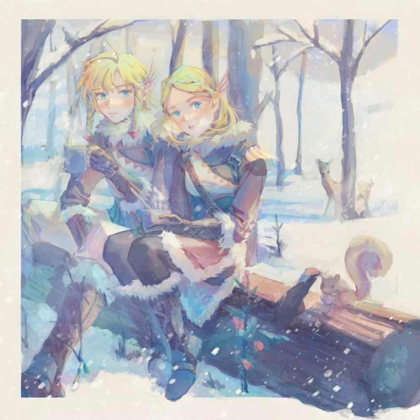 1boy 1girl absurdres animal blonde_hair blue_eyes cup highres holding holding_cup hot_drink link nature official_alternate_costume princess_zelda princess_zelda_(botw) scenery sidelocks sin_node sitting snow snowing snowquill_set_(zelda) squirrel the_legend_of_zelda the_legend_of_zelda:_breath_of_the_wild tree