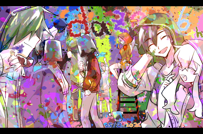 4girls 5boys amamiya_hibiya anniversary aqua_background aqua_jacket bangs_pinned_back black_footwear black_hair blue_background blue_jacket bucket bucket_on_head casual closed_mouth colored_eyelashes colorful commentary_request copyright_name dated daze_(kagerou_project) double-parted_bangs ene_(kagerou_project) facing_another facing_away facing_object facing_to_the_side facing_viewer feet_out_of_frame from_side full_body graffiti green_background green_hair green_jacket grey_background grey_pants hair_between_eyes hair_ornament hair_over_eyes hairclip hand_on_own_face hand_on_own_head happy highres holding_paint_roller hood hood_up hooded_jacket imouto_37 jacket kagerou_project kano_shuuya kido_tsubomi kisaragi_momo kisaragi_shintarou konoha_(kagerou_project) kozakura_marry ladder letterboxed long_hair long_sleeves multicolored_background multicolored_clothes multicolored_jacket multiple_boys multiple_girls object_on_head on_ladder open_clothes open_jacket open_mouth orange_background orange_jacket paint paint_can paint_on_clothes paint_roller painting_(action) pants pink_jacket pocket purple_background purple_jacket red_jacket red_shirt sandals seto_kousuke shirt short_hair sitting sleeves_past_elbows sleeves_pushed_up smile standing t-shirt track_jacket two-tone_jacket unzipped upper_body wavy_hair white_hair white_jacket yellow_background zipper