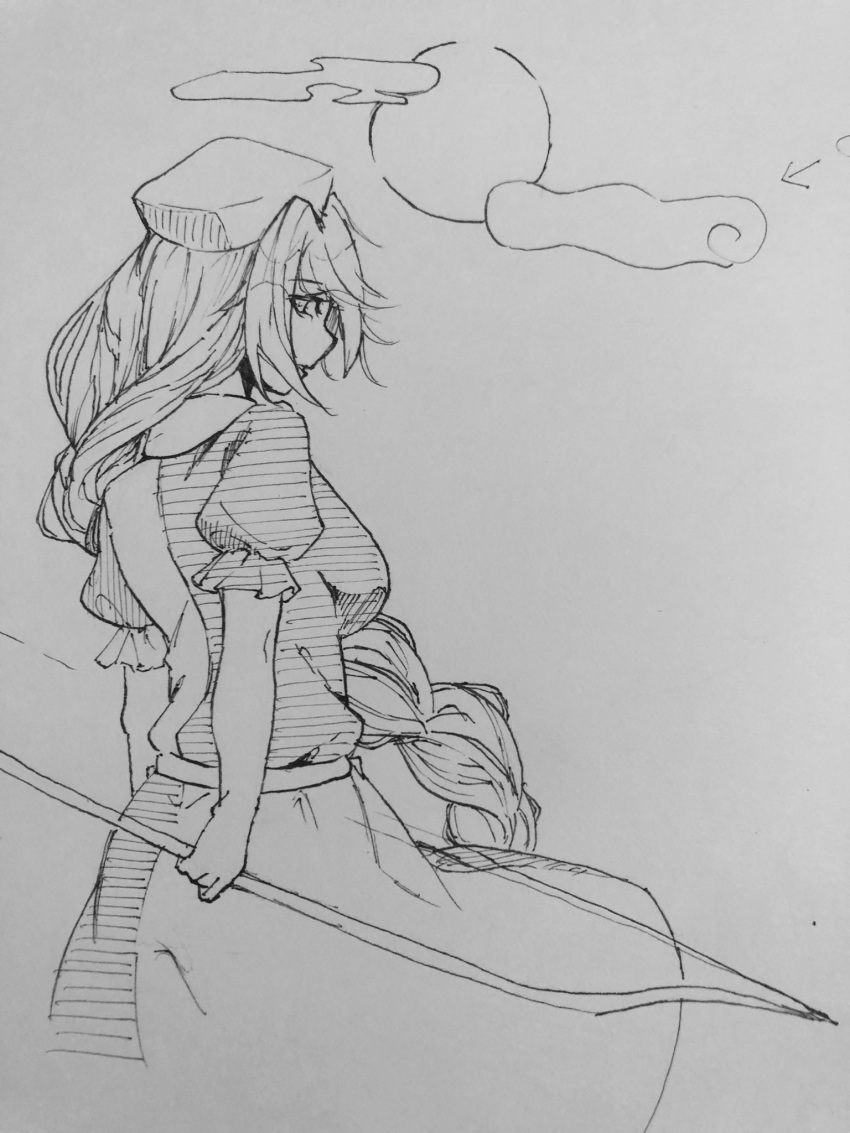 1girl bow_(weapon) braid braided_ponytail breasts cloud commentary full_moon greyscale hat highres holding holding_bow_(weapon) holding_weapon kanaria_(bocmn) long_hair monochrome moon nurse_cap one-hour_drawing_challenge outdoors short_sleeves simple_background sketch solo touhou traditional_media two-tone_dress weapon yagokoro_eirin
