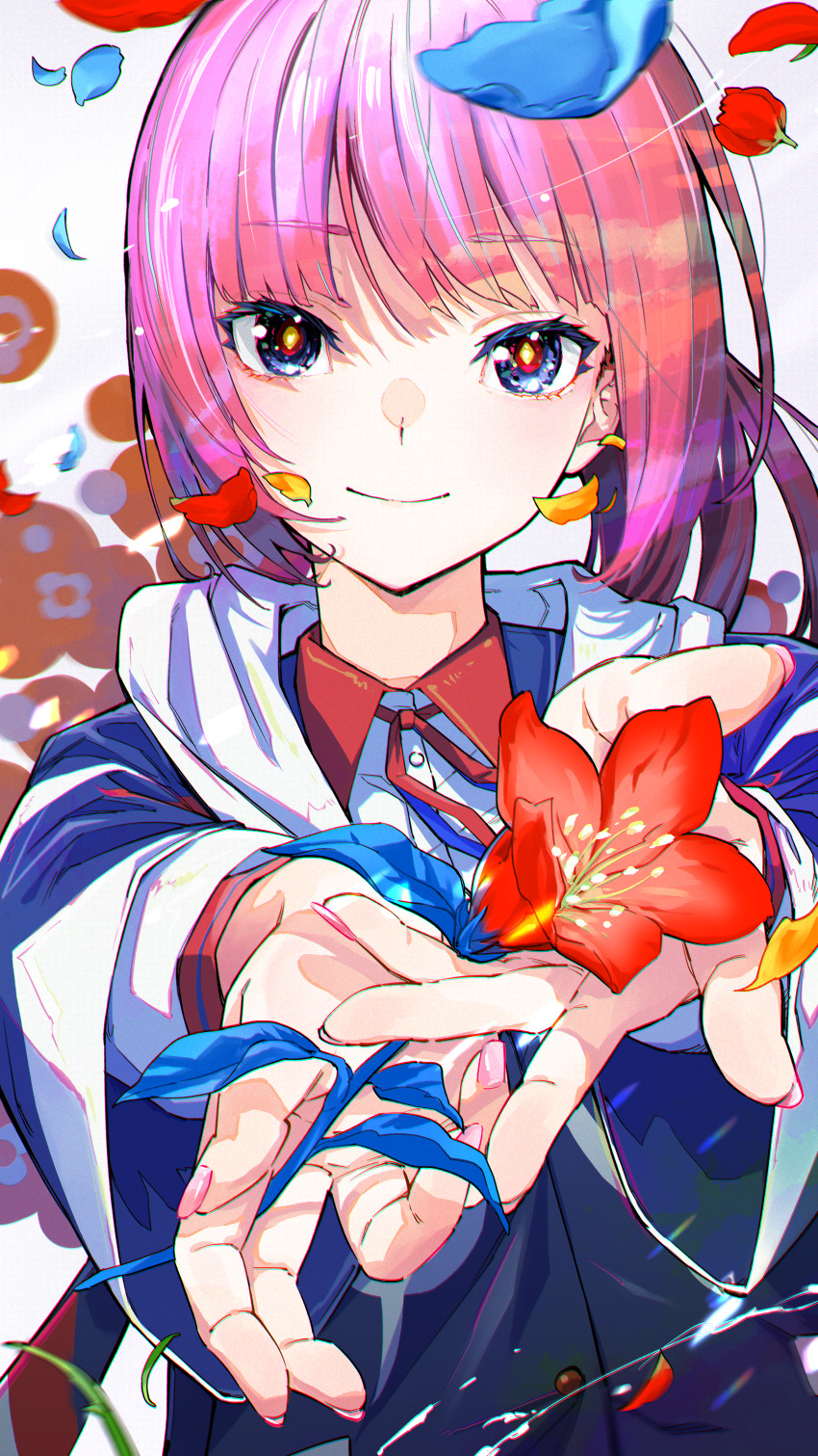 1girl absurdres blue_eyes blue_hoodie collared_shirt facing_viewer flower highres holding holding_flower hood hood_down hoodie jacket kaf_(kamitsubaki_studio) kamitsubaki_studio long_hair long_sleeves looking_at_viewer multicolored_eyes neck_ribbon outstretched_arms outstretched_hand petals pink_hair pink_nails reaching reaching_towards_viewer ribbon segawa_ryuu shirt smile solo virtual_youtuber vocaloid vsinger white_hood yellow_pupils