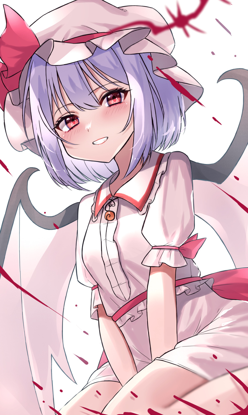 1girl absurdres bat_wings between_legs blood blue_hair commentary_request hand_between_legs hat hat_ribbon highres katsukare looking_at_viewer mob_cap pointy_ears purple_hair red_eyes red_ribbon remilia_scarlet ribbon shirt short_hair short_sleeves simple_background skirt smile solo touhou white_background white_headwear white_shirt white_skirt wings