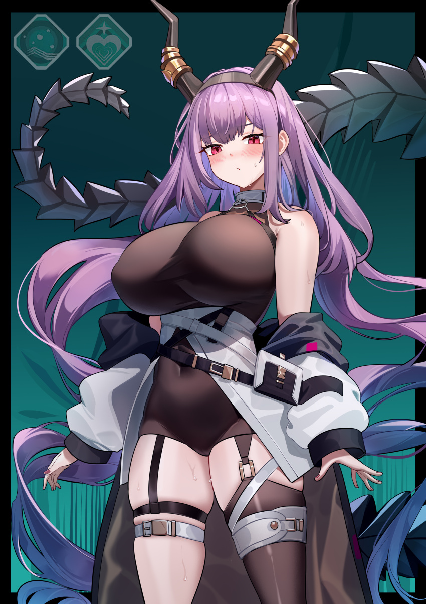 1girl absurdres arknights bare_shoulders black_leotard black_thighhighs breasts commentary_request cowboy_shot garter_straps highres horns huge_breasts leotard long_hair looking_at_viewer off_shoulder purple_hair red_eyes shuibo single_thighhigh skindentation solo standing thigh_strap thighhighs thighs typhon_(arknights) very_long_hair