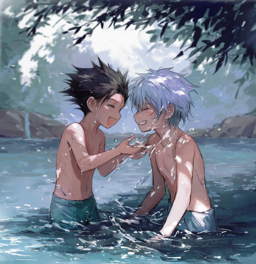 2boys closed_eyes commentary cowboy_shot facing_another from_side gon_freecss highres hunter_x_hunter kiko killua_zoldyck male_focus male_swimwear multiple_boys open_mouth outdoors partially_submerged scenery short_hair swim_trunks topless_male tree white_hair