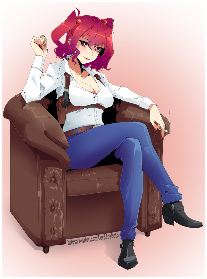 alternate_costume black_footwear blue_pants breasts chair cleavage_cutout clothing_cutout collared_shirt commentary commission contemporary crossed_legs english_commentary full_body hair_bobbles hair_ornament high_heels highres joeboto large_breasts long_sleeves looking_at_viewer onozuka_komachi pants pink_background red_eyes shirt sitting touhou twitter_username two_side_up white_shirt