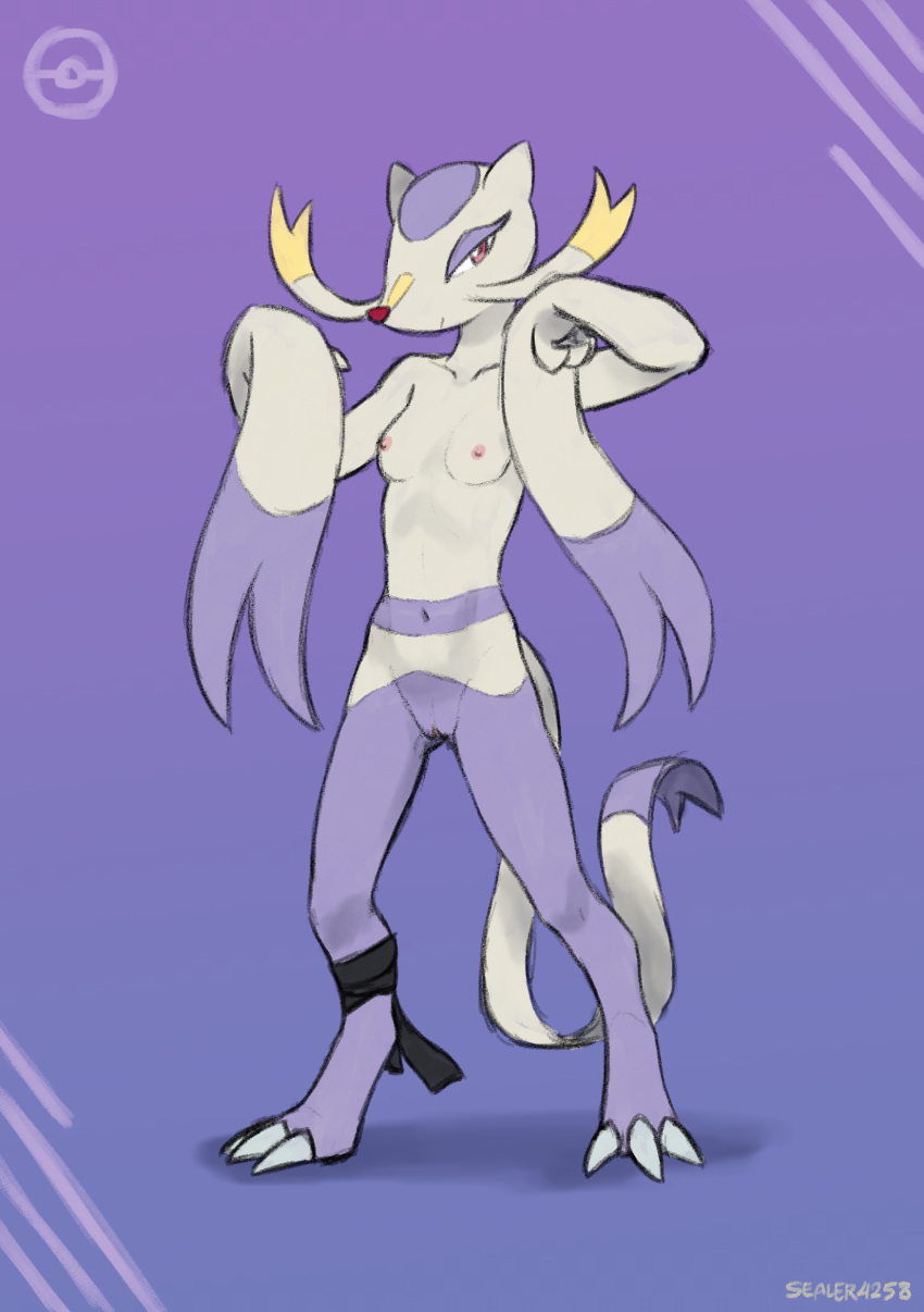 absurd_res anthro areola biped breasts female generation_5_pokemon genitals hi_res mienshao navel nintendo nipples pokemon pokemon_(species) purple_background purple_body pussy red_eyes sealer4258 simple_background small_breasts smile solo white_body