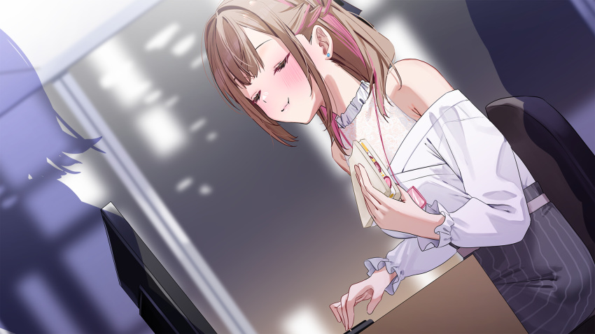 1girl bare_shoulders black_bow black_shirt blurry blurry_background blush bow breasts brown_hair chair chigusa_minori closed_eyes closed_mouth clothing_cutout dutch_angle earrings eating frilled_sleeves frills hair_bow half_updo highres holding_sandwich indoors jewelry keyboard_(computer) lip_trip long_sleeves maiguma_rino medium_breasts medium_hair monitor multicolored_hair official_art pink_hair sandwiched shirt shoulder_cutout sidelocks silhouette sitting solo_focus striped striped_shirt stud_earrings two-tone_hair vertical-striped_shirt vertical_stripes white_shirt