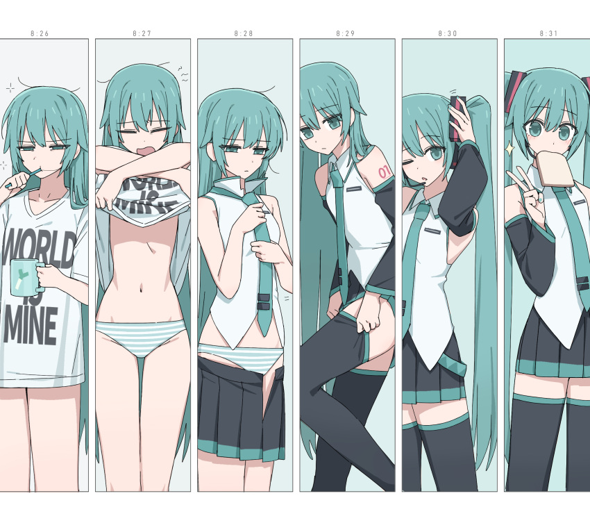 1girl adjusting_clothes adjusting_legwear adjusting_necktie aqua_eyes aqua_hair aqua_necktie arm_tattoo bare_shoulders black_skirt black_thighhighs bread bread_slice clothes_lift commentary cup dress-up feet_out_of_frame food food_in_mouth green_stripes half-closed_eyes hand_up hatsune_miku highres holding holding_cup lifted_by_self long_hair looking_at_viewer messy_hair mouth_hold mug multiple_views navel necktie panties pleated_skirt print_shirt shirt shirt_lift short_sleeves skirt sleeveless sleeveless_shirt stomach tanosii_chan tattoo thighhighs toothbrush_in_mouth twintails underwear v vocaloid white_panties white_shirt
