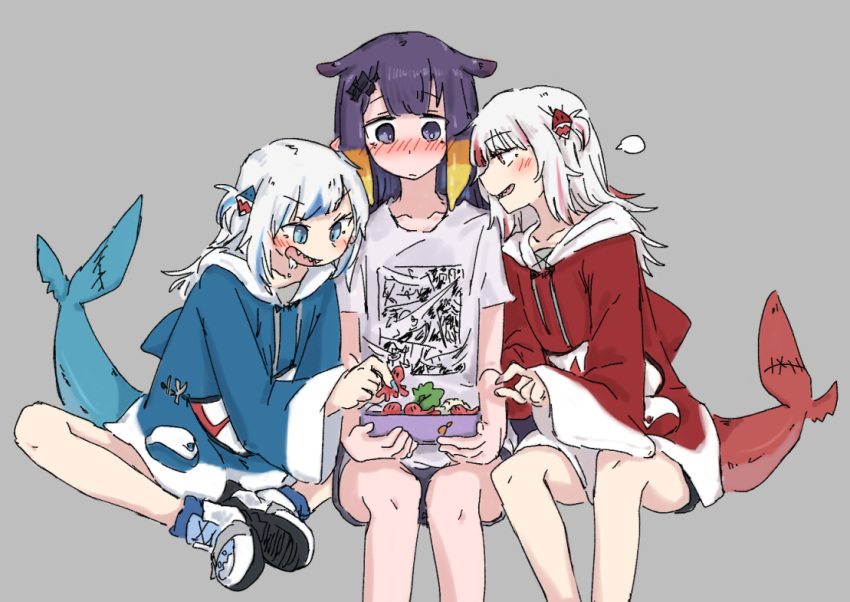 3girls =3 aoi_(aoisaka) bare_legs bento blue_eyes blue_hair blush butterfly_sitting commentary drawstring dual_persona english_commentary fins fish_tail food food_art gawr_gura gawr_gura_(1st_costume) girl_sandwich grey_background hololive hololive_english hood hood_down long_hair long_sleeves multicolored_hair multiple_girls ninomae_ina'nis_(5th_costume) no_pants open_mouth purple_hair red_eyes red_hair reflect_(gawr_gura) sandwiched shark_tail sharp_teeth shirt simple_background sitting streaked_hair t-shirt tail tako-san_wiener teeth two-tone_hair two_side_up virtual_youtuber white_hair white_shirt wide_sleeves