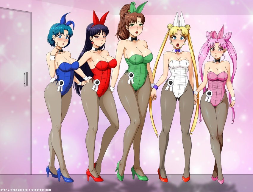 5girls 6+girls :o absurdres aged_up angry animal_ears armpits ass_visible_through_thighs award_ribbon bare_shoulders bishoujo_senshi_sailor_moon black_bow black_bowtie black_hair blonde_hair blue_eyes blue_footwear blue_hair blue_leotard blush bow bowtie breasts brown_hair chibi_usa cleavage commentary commentary_typo commission commissioner_upload cone_hair_bun crescent crescent_earrings detached_collar deviantart_username double_bun earrings english_commentary fake_animal_ears flower_earrings green_eyes green_footwear green_leotard hair_bobbles hair_bun hair_ornament hairband high_heels highres hino_rei holding_hands jewelry kino_makoto large_breasts leotard lips long_hair looking_at_viewer makeup medium_breasts medium_hair mizuno_ami multiple_girls orange_footwear orange_leotard pale_skin pantyhose parted_bangs pink_footwear pink_hair pink_leotard playboy_bunny ponytail purple_bow purple_bowtie purple_eyes rabbit_ears red_bow red_eyes red_footwear red_leotard shame short_hair sidelocks standing star_(symbol) star_earrings stormfeder strapless strapless_leotard stud_earrings swept_bangs thighs tsukino_usagi twintails very_long_hair web_address white_leotard wrist_cuffs