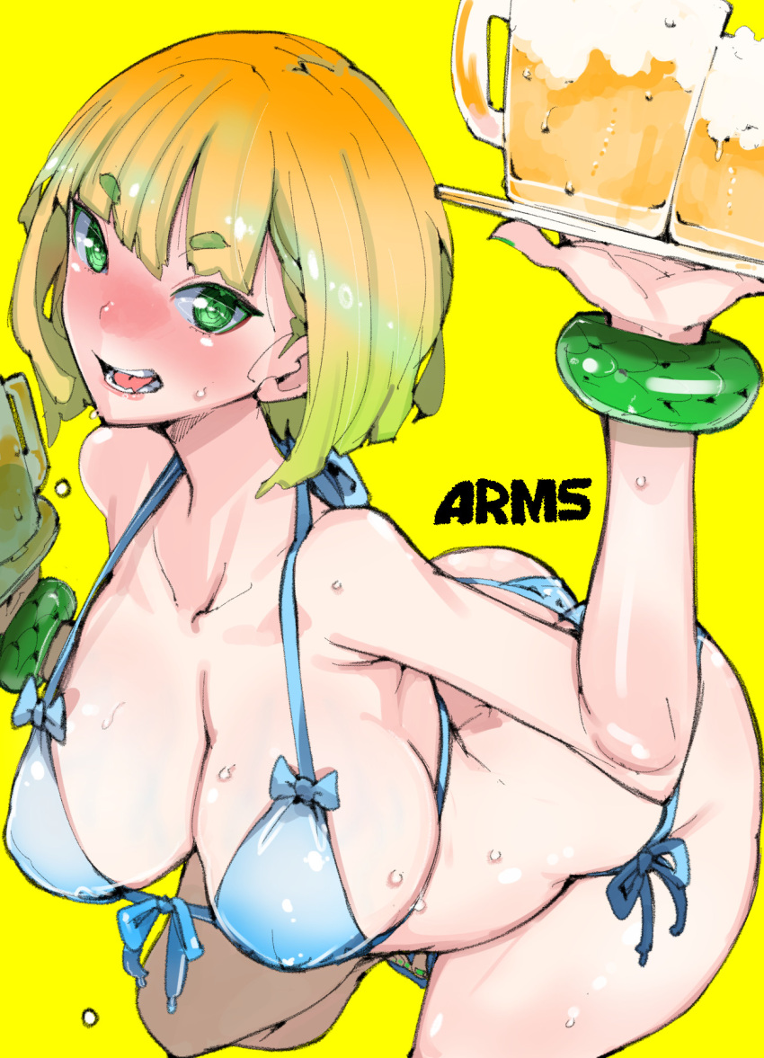 1girl alcohol arms_(game) beer beer_mug bikini blonde_hair blush bob_cut bracelet breasts cup green_bikini green_eyes highres holding holding_tray jewelry large_breasts min_min_(arms) mug short_hair side-tie_bikini_bottom solo string_bikini sweat swimsuit takayama_toshinori tray