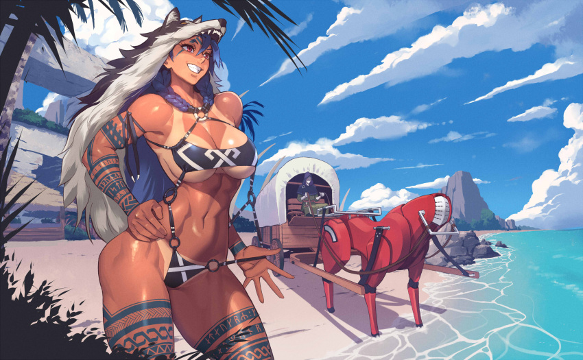 1girl abs arm_tattoo beach blue_hair braid cloud facial_tattoo hand_on_own_hip highres leg_tattoo long_hair muscular navel ogami original pelt red_eyes smile swimsuit tan tanlines tattoo wolf_pelt