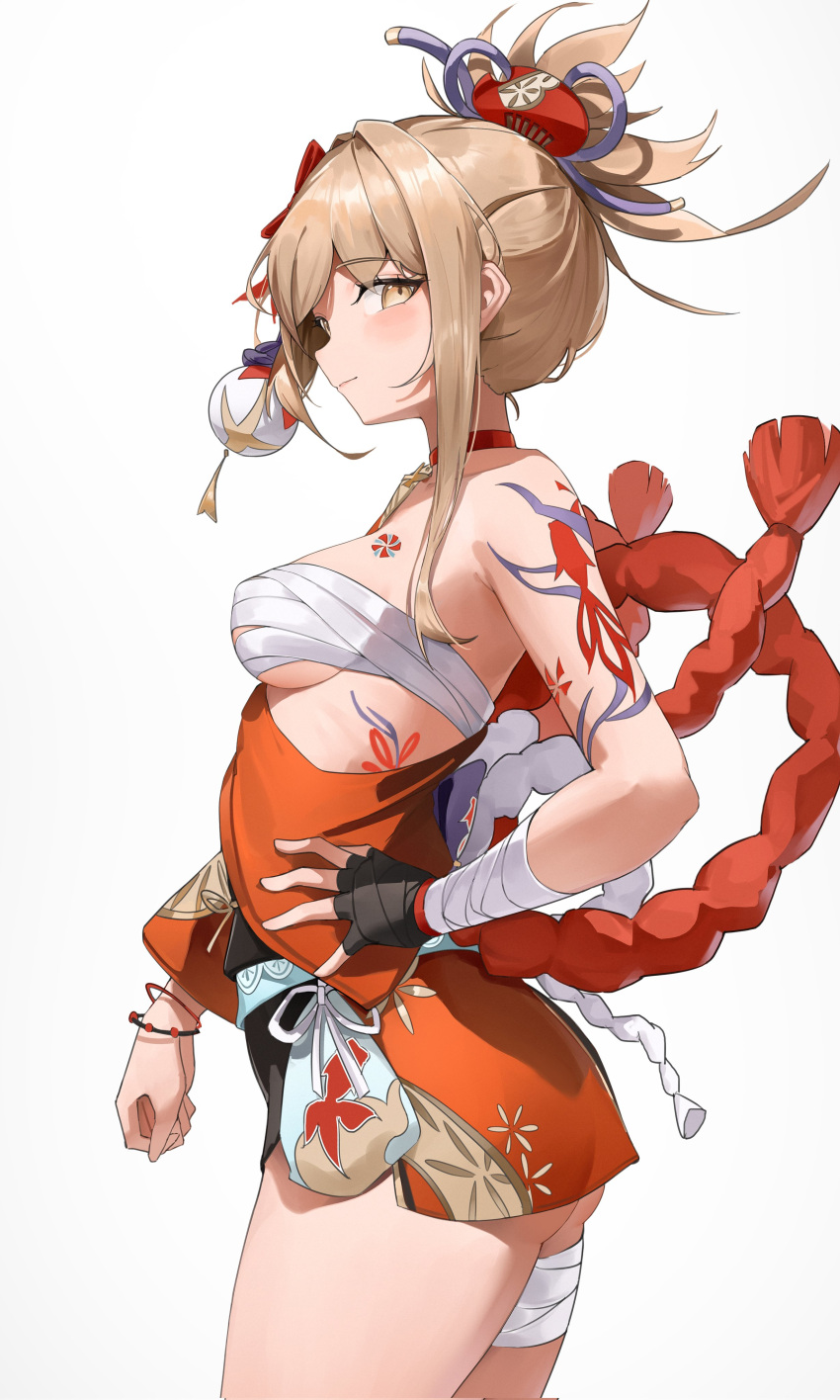 1girl absurdres arm_tattoo bandages bare_shoulders berserker_r blonde_hair blush breasts chest_tattoo choker genshin_impact gloves hair_between_eyes hair_ornament hand_on_own_hip highres japanese_clothes kimono long_hair looking_at_viewer medium_breasts orange_kimono ponytail red_choker sarashi smile solo tattoo yellow_eyes yoimiya_(genshin_impact)