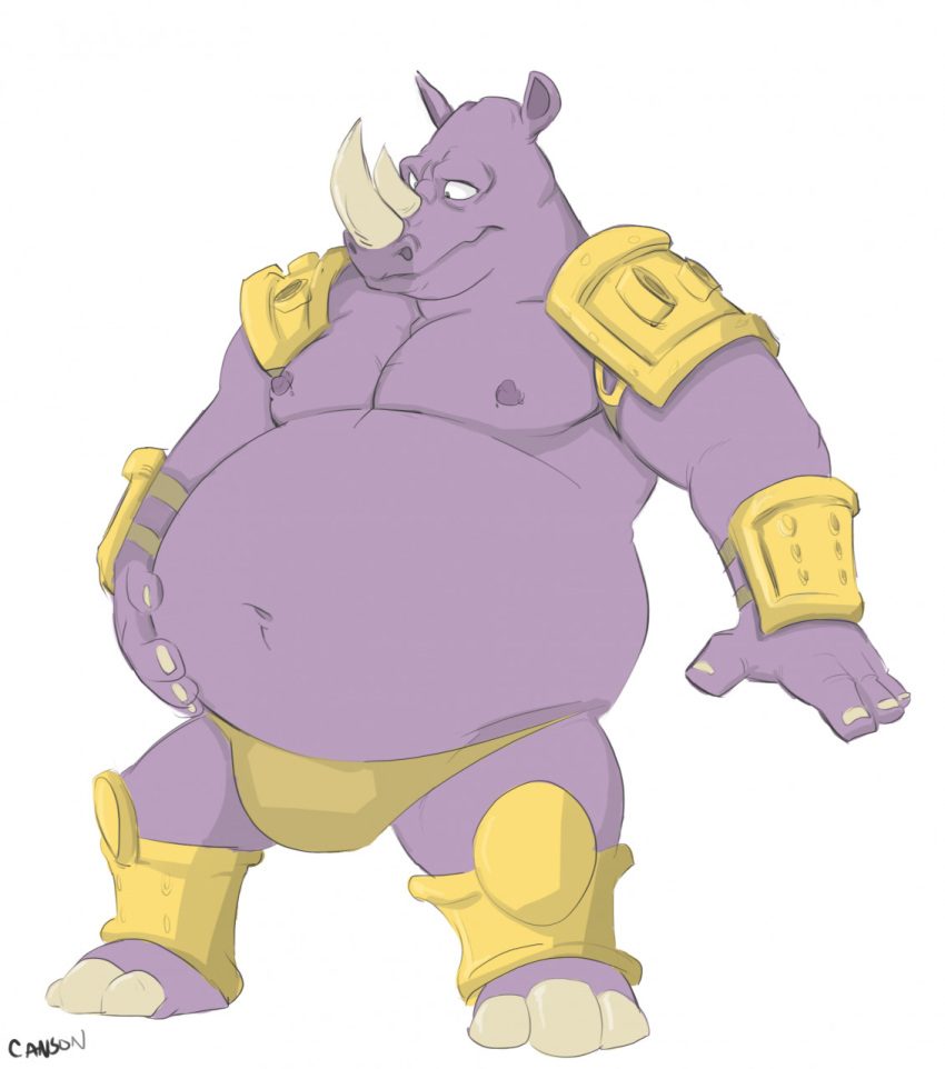 2021 altered_beast anthro belly big_belly canson clothing disney facial_horn hand_on_stomach hi_res horn male mammal navel neff_(altered_beast) nipples nose_horn obese obese_anthro obese_male open_mouth overweight overweight_anthro overweight_male purple_body rhinoceros sega signature solo thong underwear van_vader wreck-it_ralph