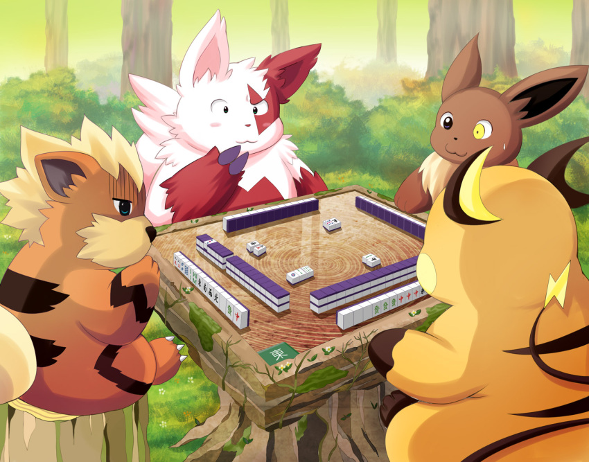 :3 animal_with_heterochromia bush commentary_request daisangen day eevee forest full_body gloom_(expression) grass green_eyes growlithe heterochromia lako leaf mahjong mahjong_table mahjong_tile nature no_humans outdoors playing_games pokemon pokemon_(creature) raichu sitting table tree wooden_table zangoose